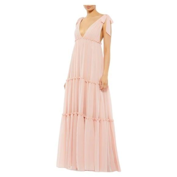 NWT Mac Duggal leena for Blush Pink Tiered Chiffon Plunging V-Neck Maxi Dress - Picture 1 of 8